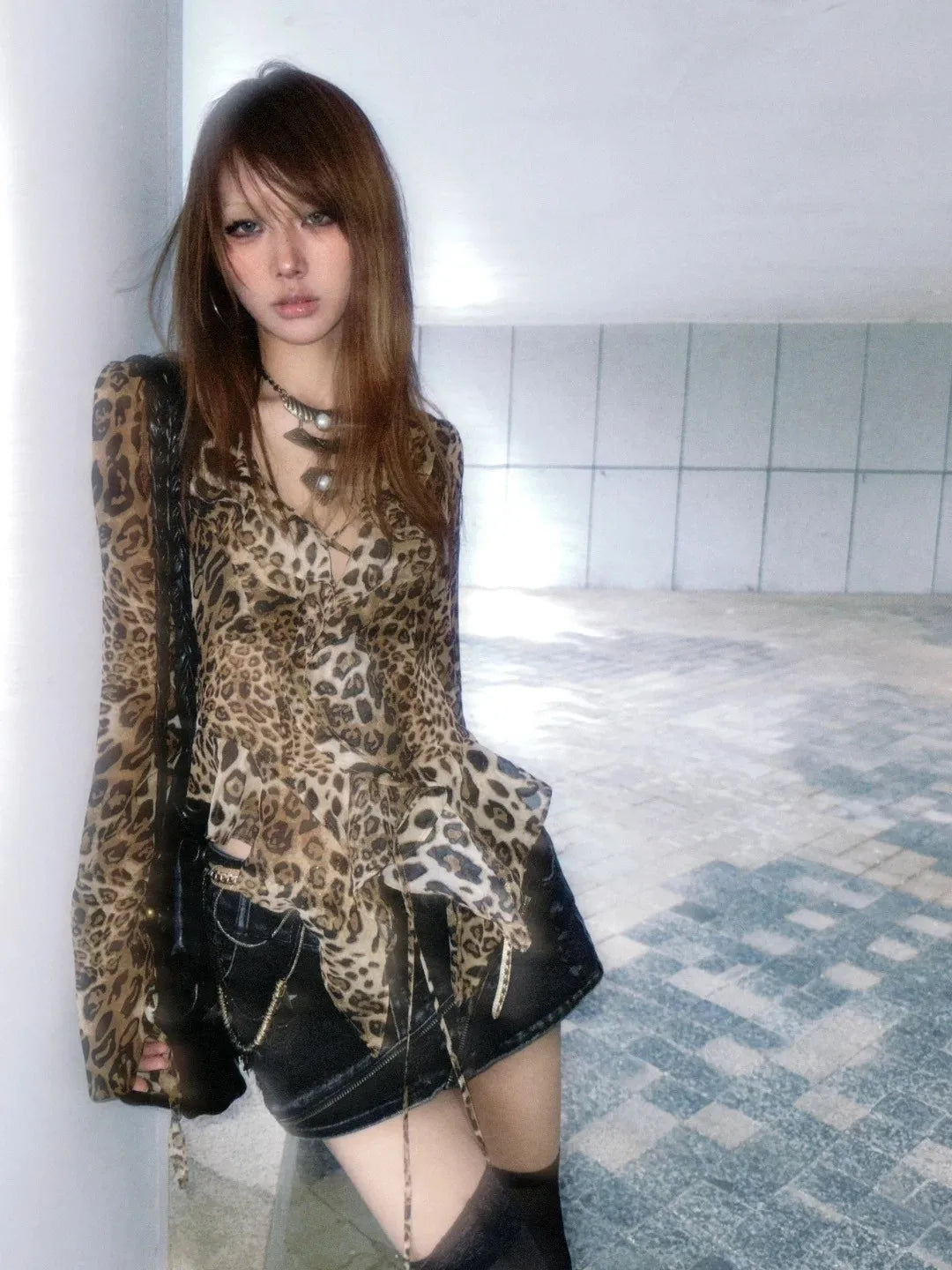 karrram Japanese Y2k Leopard Print Shirt Vintage Harajuku Ruffled Blouses Grunge Aesthetics V-neck Irregular Shirt Trashy 90s