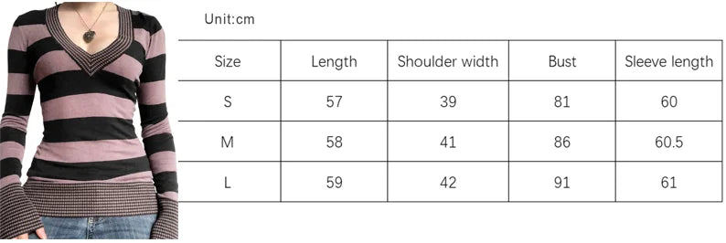 Y2K Grunge Emo 00s Vintage T Shirt Black Grey Striped V Neck Long Sleeve Jumper Tops Chic Women Autumn Retro Mall Goth Tees