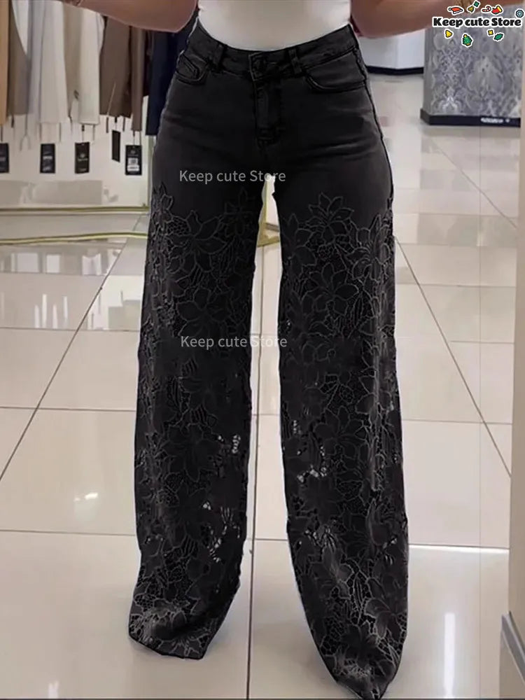 Crochet Hollow Out Flower Jean Women Pants Baggy Zipper Pocket Button Straight Leg Trousers 2025 Summer Y2k Lady