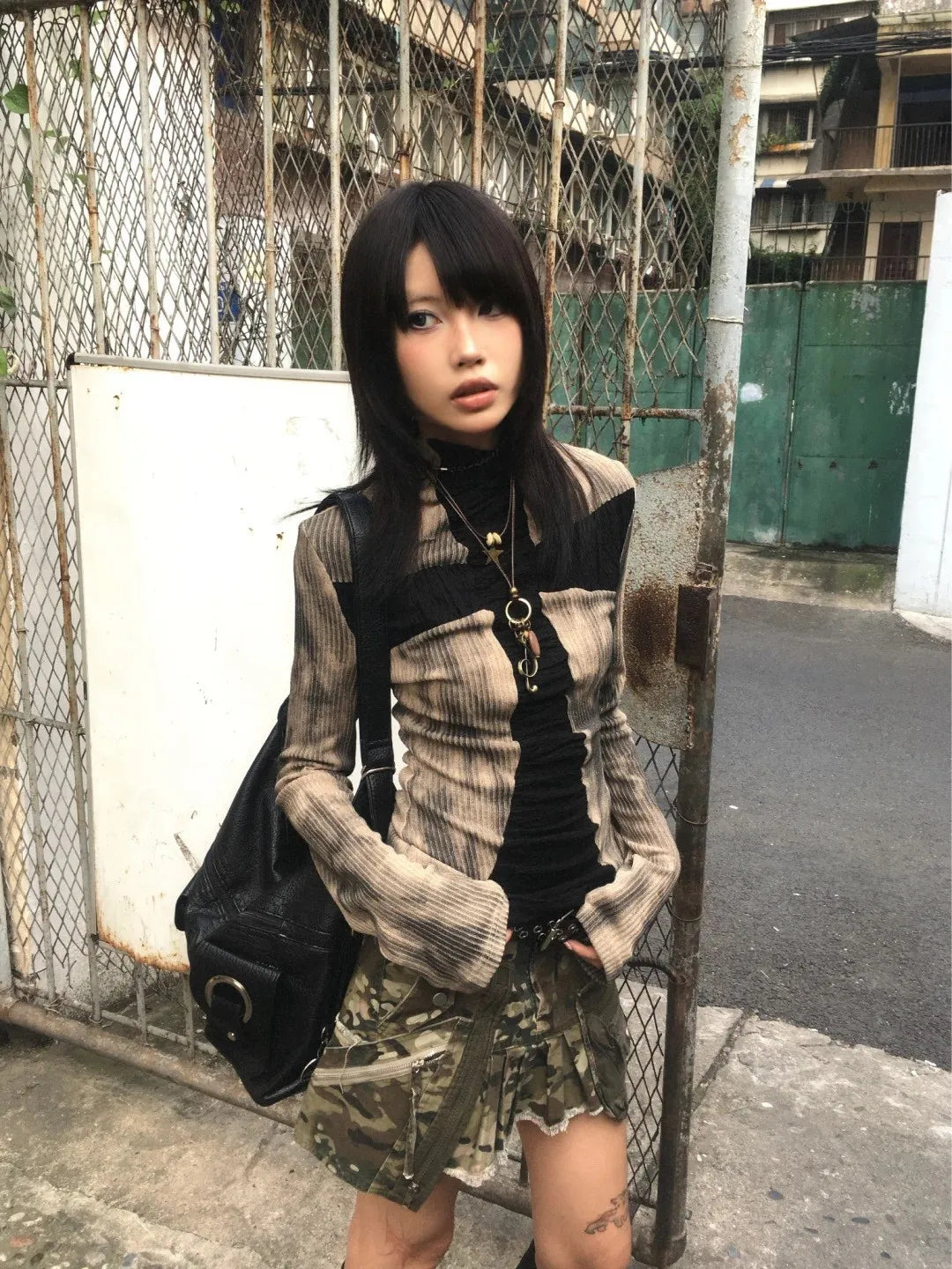 Karrram Japanese Y2k Ribbed Tops Vintage Harajuku Cross Print T-shirt Grunge Aesthetics Long Sleeve Patchwork Tops Trashy 2000s
