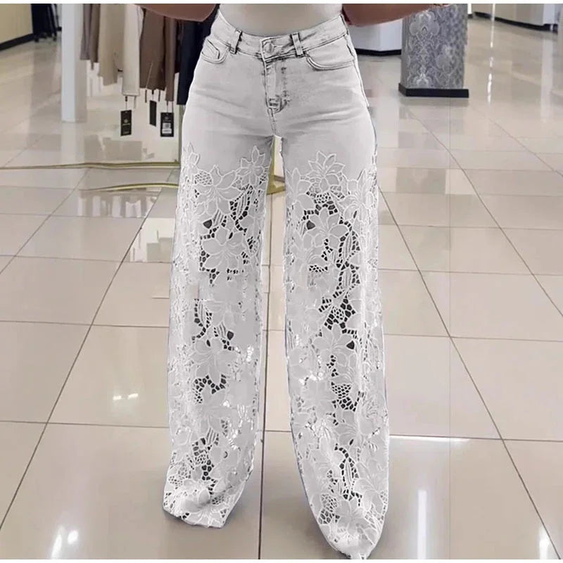 Crochet Hollow Out Flower Jean Women Pants Baggy Zipper Pocket Button Straight Leg Trousers 2025 Summer Y2k Lady