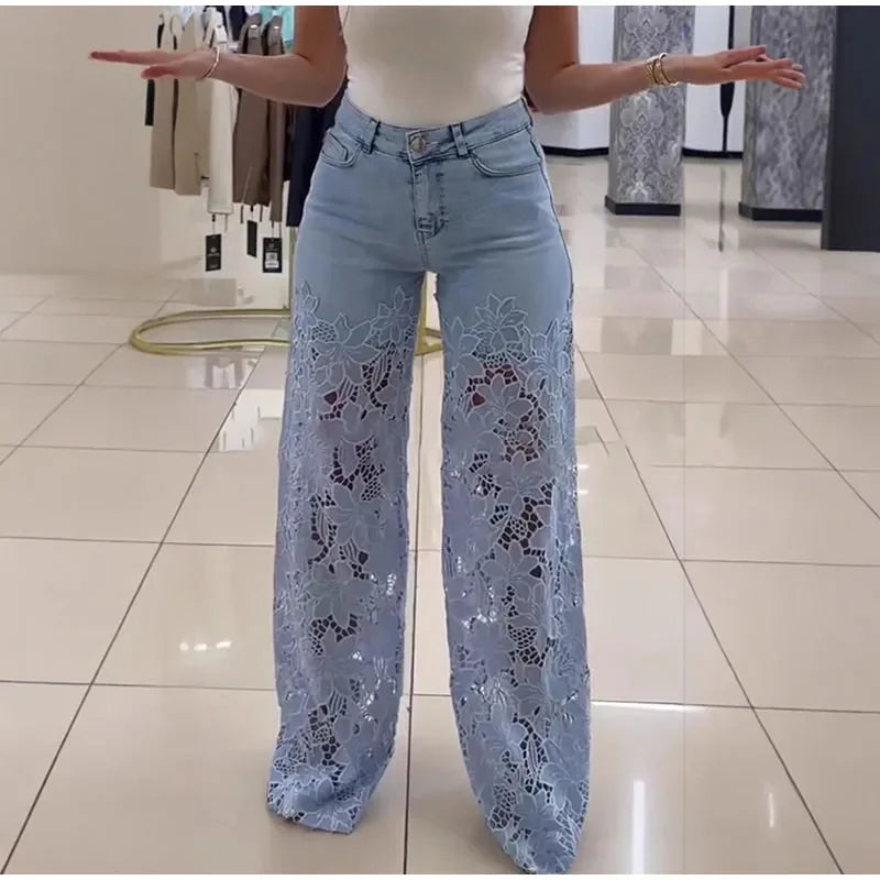 Crochet Hollow Out Flower Jean Women Pants Baggy Zipper Pocket Button Straight Leg Trousers 2025 Summer Y2k Lady