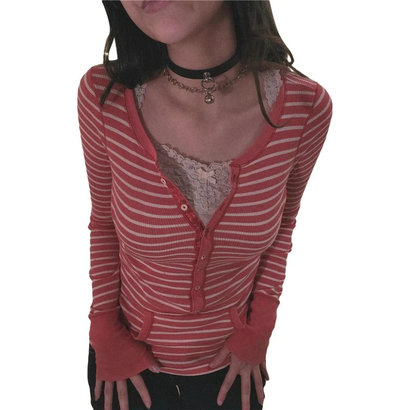 Y2K Grunge Emo 00s Vintage T Shirt Black Grey Striped V Neck Long Sleeve Jumper Tops Chic Women Autumn Retro Mall Goth Tees