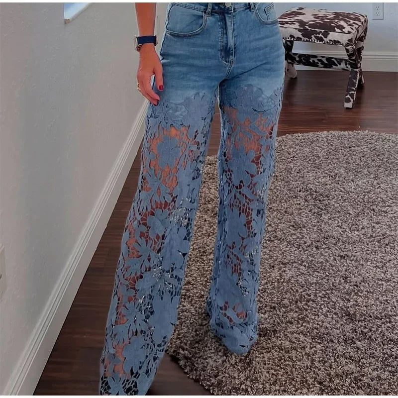 Crochet Hollow Out Flower Jean Women Pants Baggy Zipper Pocket Button Straight Leg Trousers 2025 Summer Y2k Lady