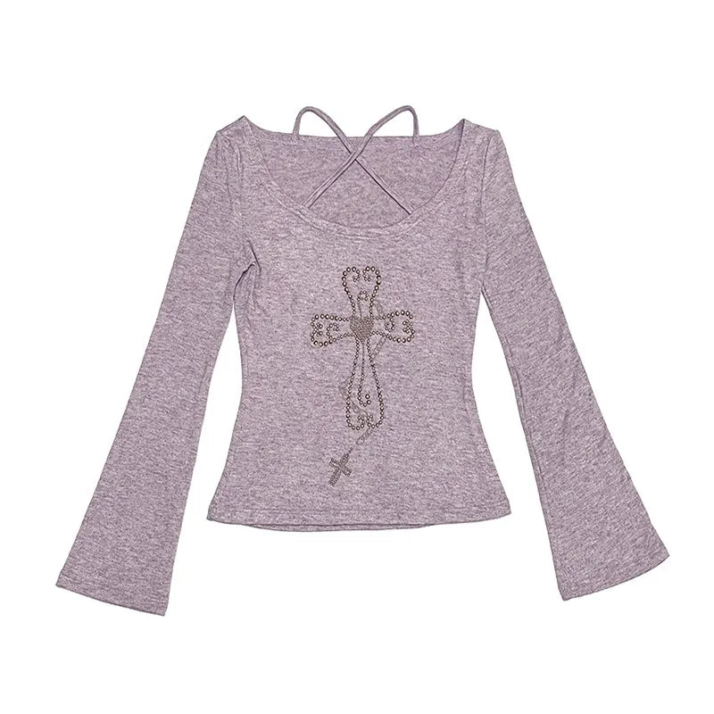 Karrram Japanese Y2k Knitted Tops Grunge Aesthetics Flare Sleeve T-shirts Vintage Harajuku Purple Knitwear American Retro 2000s