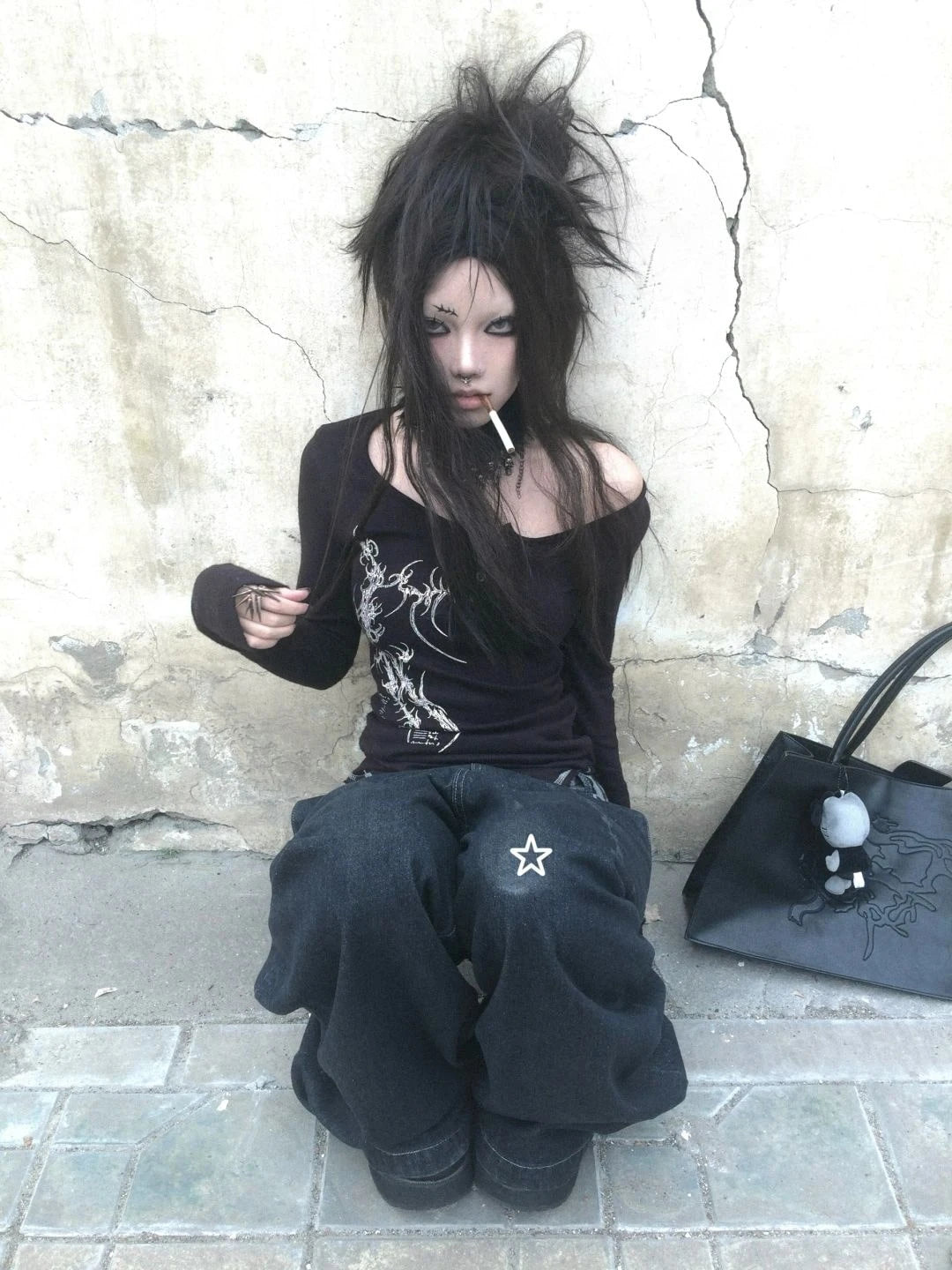 Karrcat Grunge Aesthetics Button Tops Trashy Y2k Tattoo Print T-shirt Vintage Gothic Black Irregular Tee Shirt American Retro