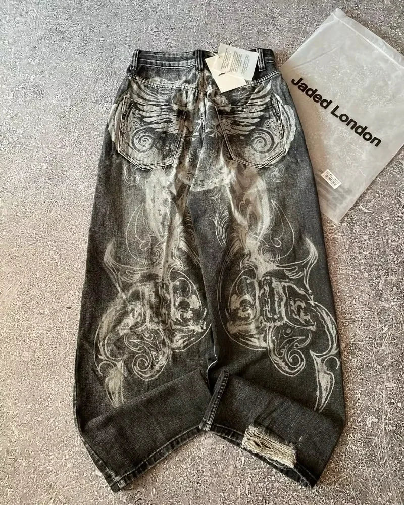 Y2K American New Pattern Embroidery Baggy Jeans Men High Street Vintage Hip Hop Fashion Casual Joker Couple Wide-leg Pants