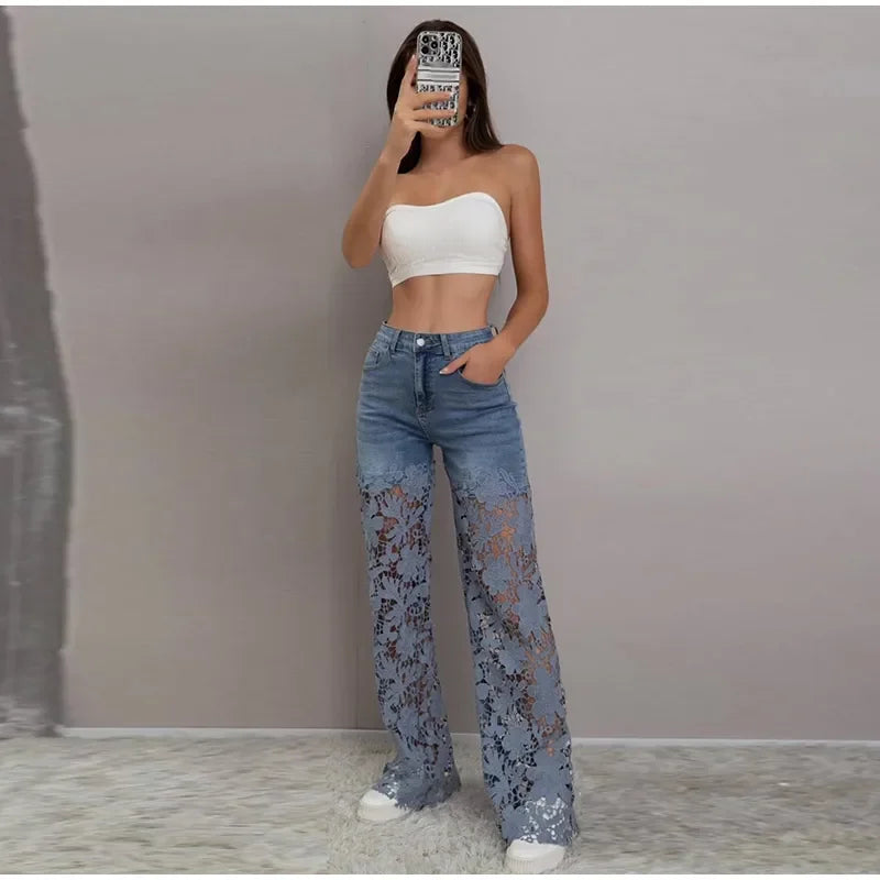 Crochet Hollow Out Flower Jean Women Pants Baggy Zipper Pocket Button Straight Leg Trousers 2025 Summer Y2k Lady