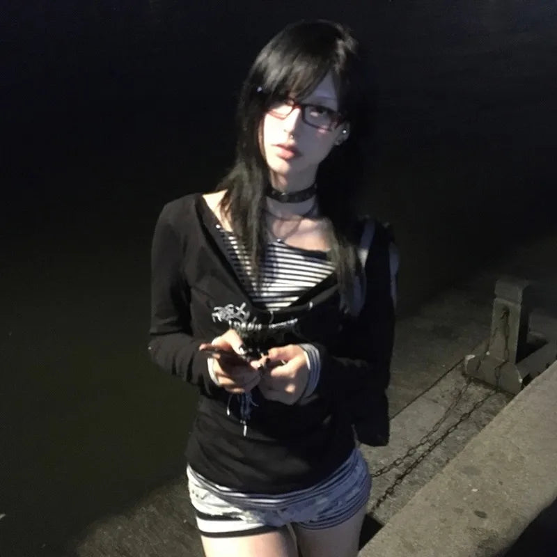 Karrram Japanese Y2k Fake Two-piece Tops Trashy 2000s Tattoo Print T-shirt Grunge Aesthetics Patchwork T Shirts Gothic Vintage