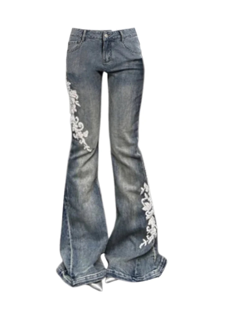 Women American Street Bell-Bottom Jeans Grunge Japanese Abi Low Rise Y2K Embroidery Denim Flare Pants 2000s Grunge Goblin Core