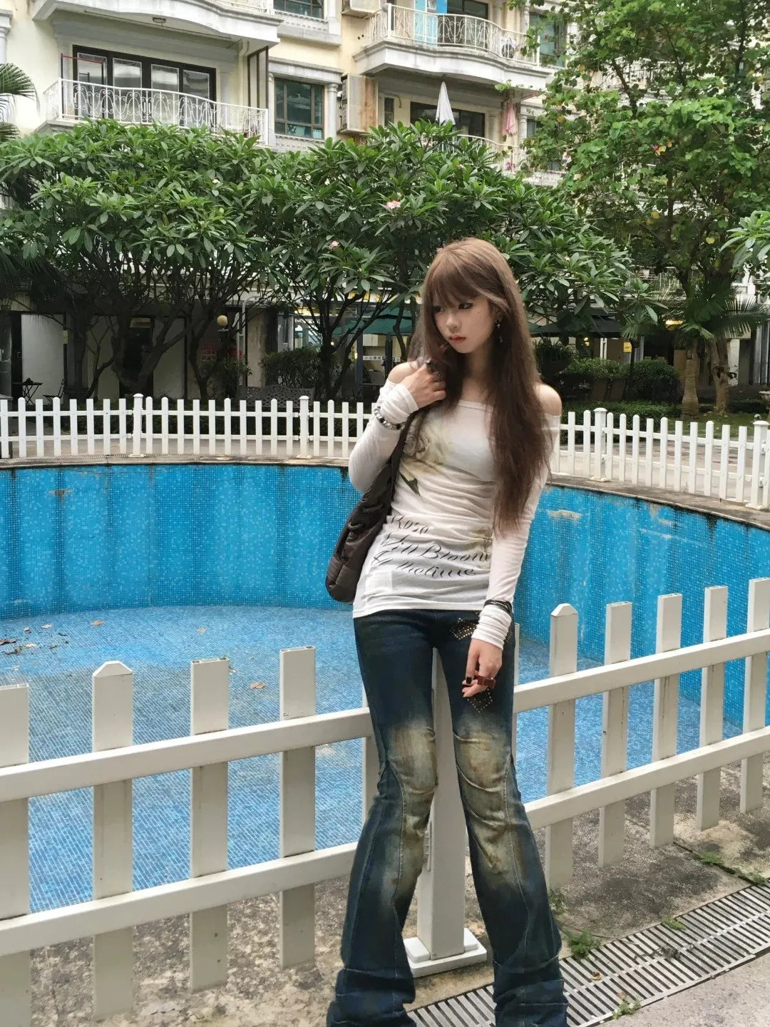 Karrram Japanese Y2k Off Shoulder Tops Vintage 2000s Style Knitted T-shirt Harajuku Flower Print Long Sleeve Sheer Tops American