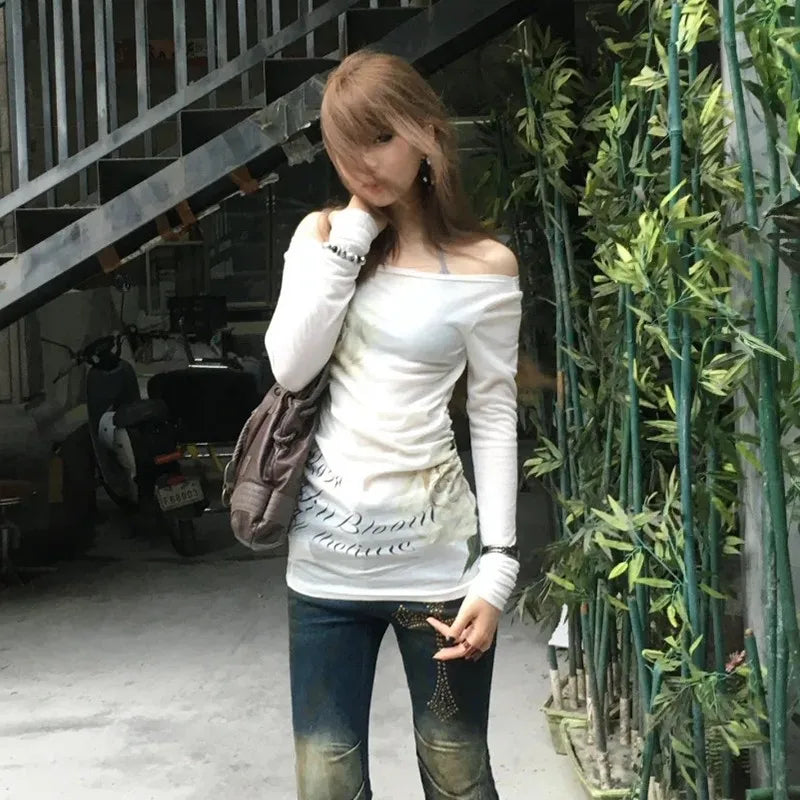 Karrram Japanese Y2k Off Shoulder Tops Vintage 2000s Style Knitted T-shirt Harajuku Flower Print Long Sleeve Sheer Tops American